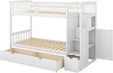 Twin Over Full/Twin Bunk Bed with 3 Drawers, 4 Storage and Cabinet Door