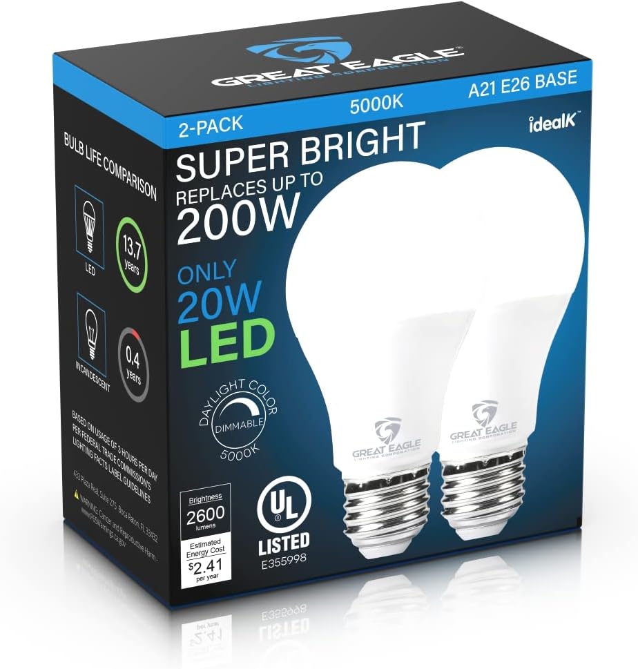 Super Bright LED Light Bulb 150W-200W Equivalent Dimmable 5000K Daylight UL Listed (2-Pack)