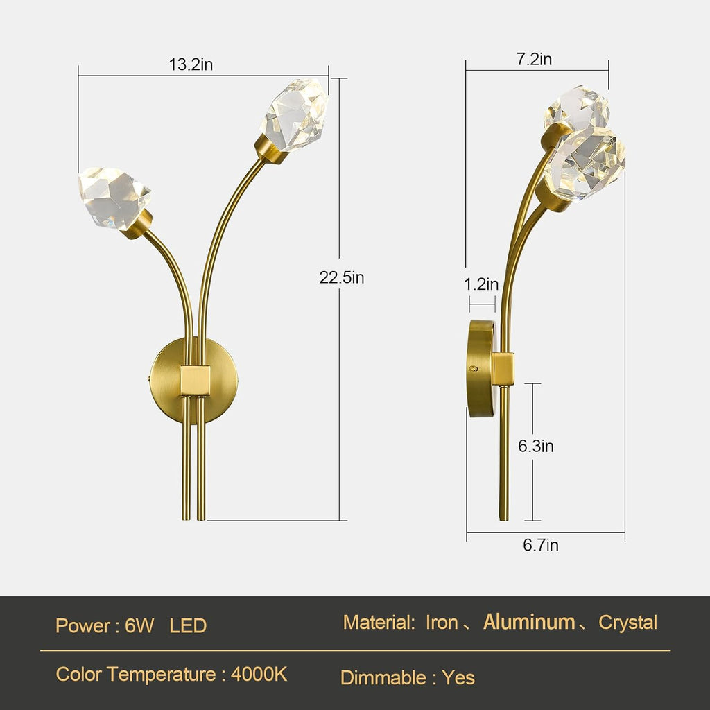 Modern Gold Wall Sconce Set of Two 4000K LED Wall Sconce Light Fixture Luxury Crystal Wall Light for Living Room