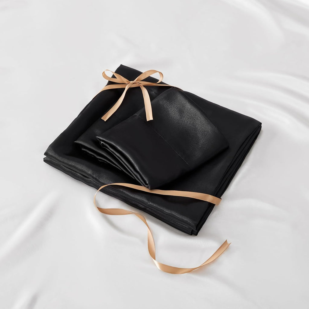 King Sheets Set, Luxury Soft Black Satin Sheets for Hair and Skin, Similar to Silk Bed Sheets Set 4 Pieces with 1