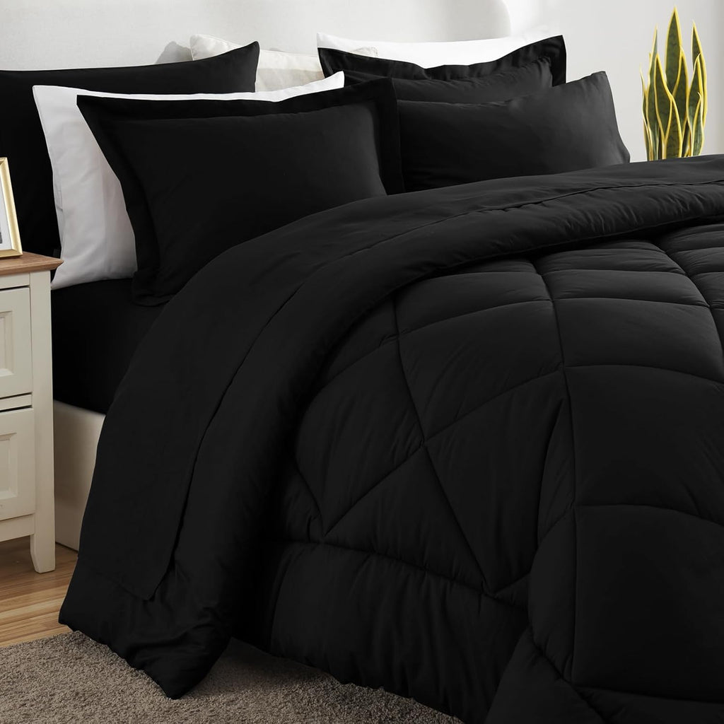Queen Comforter Set Black - Bed in a Bag Queen 7 Pieces, Luxury Soft Bed Set for All Seasons