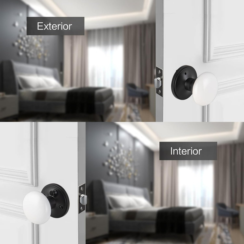 White Door Knobs, Porcelain Round Door Handle with Matt Black Plate