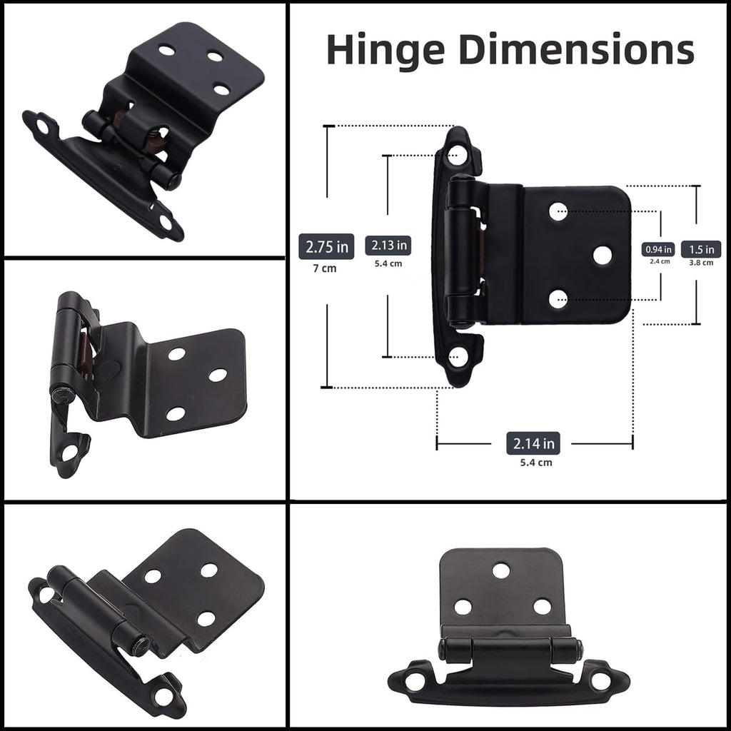 3/8" Inset Cabinet Hinges Black (25 Pair -50 Pcs) Offset Self Closing Matte Black Cabinet Hinges Cabinets w/Bumpers &