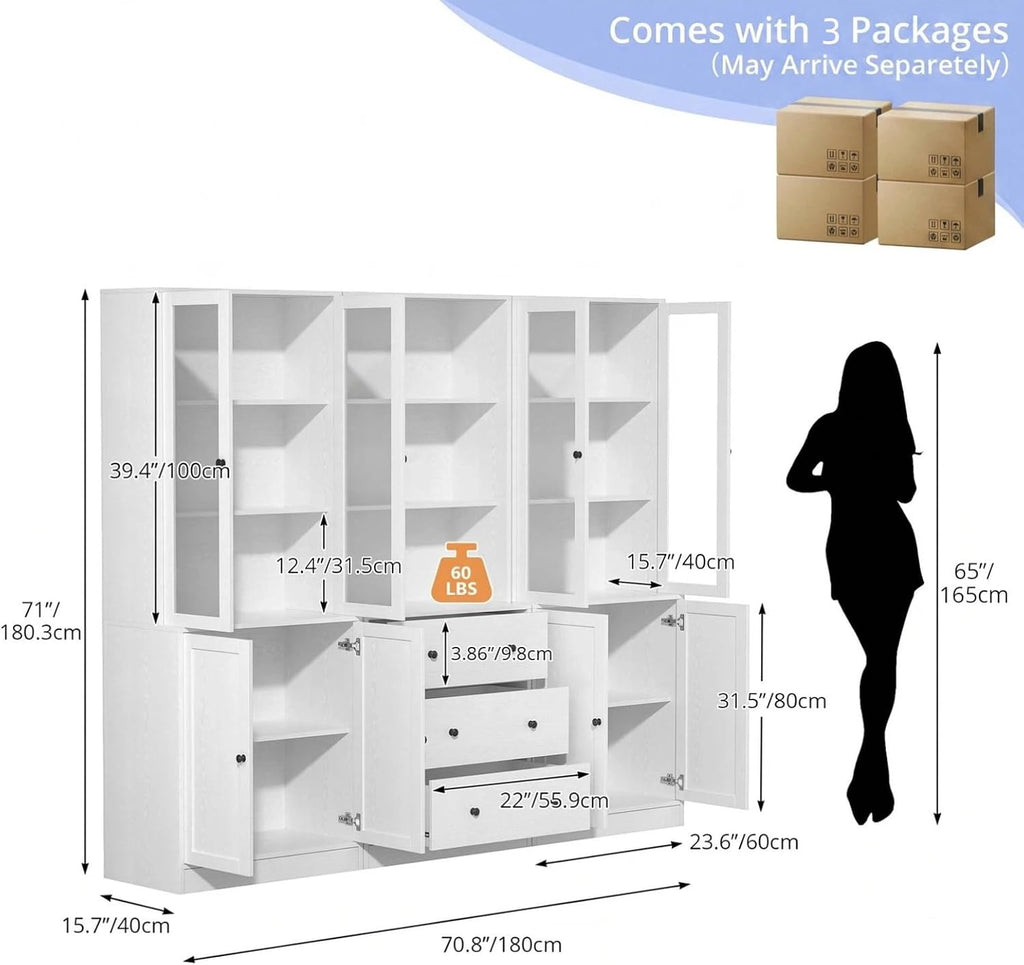 71" H Bookshelf with Storage, 6-Tier Modern Bookshelves with 3 Large Drawer, Display Bookcase with Glass Doors
