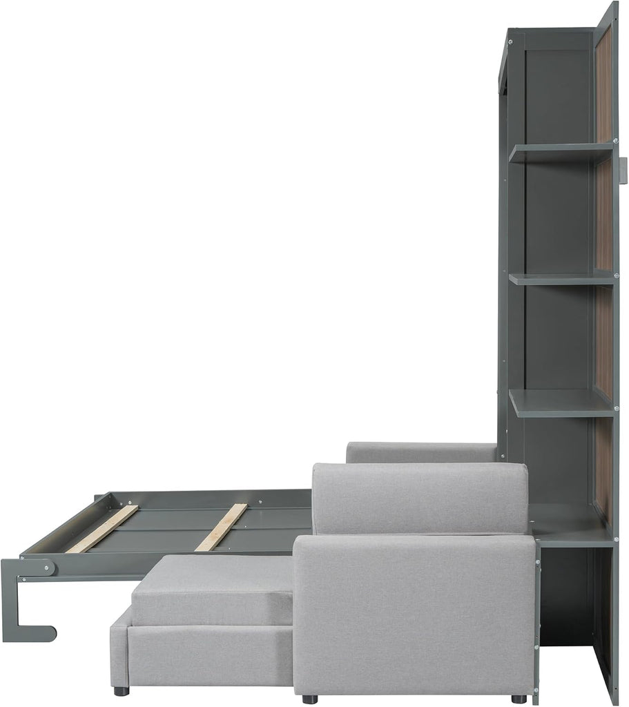 Queen Murphy Bed with Sofa and Shelves, Gray | Space-saving sleeping solution with integrated seating and display