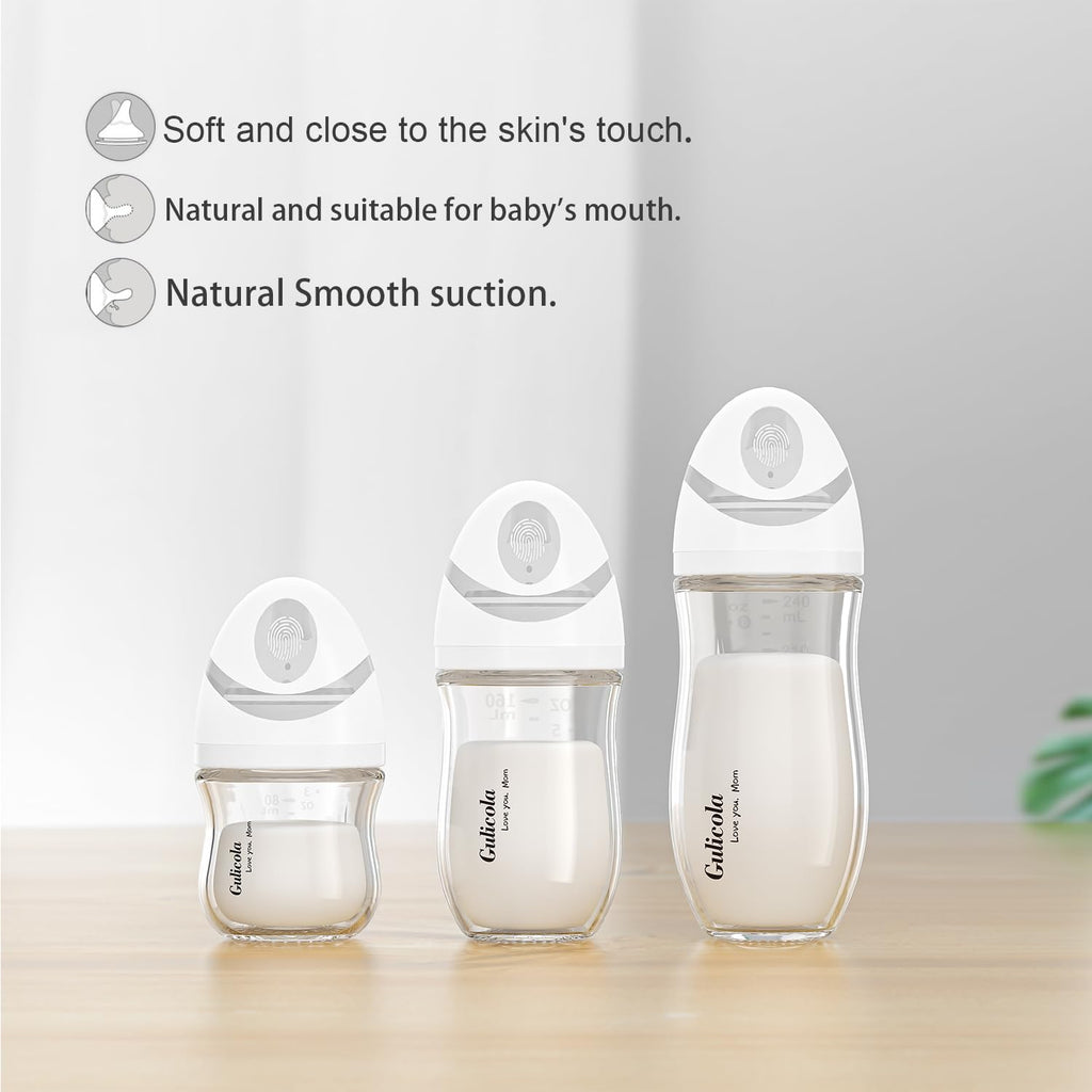 Natural Glass Baby Bottle 4 Pack, Newborn Breastfeeding Bottles Set, Extra Slow Flow Nipples (SS), Anti Colic, 0