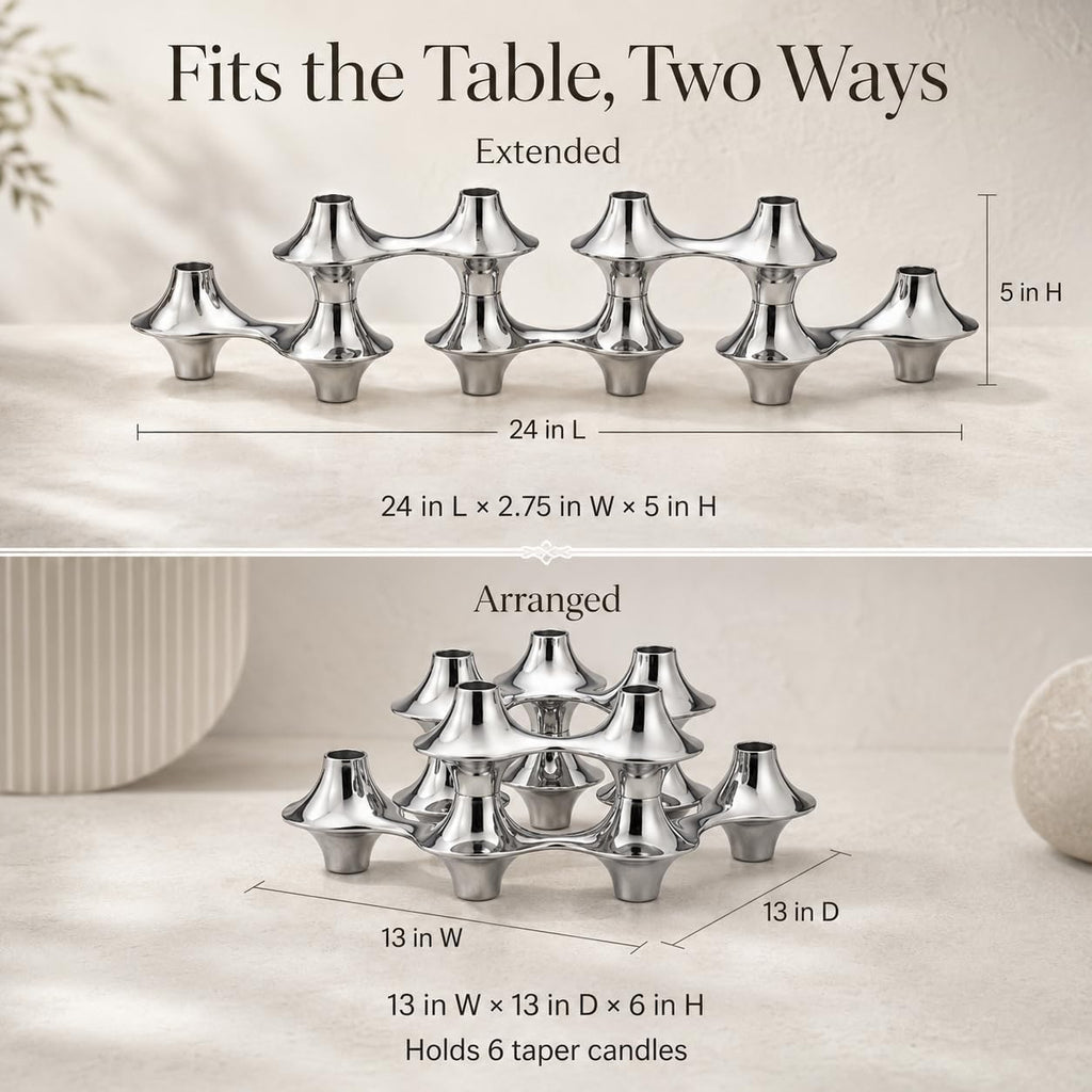 Cortina Hinged Candelabra | Metal Candle Holder for Six Candles | Silver Candlestick Holders for Taper Candles |