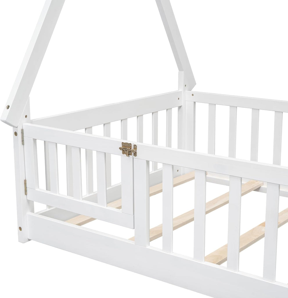 Floor Bed for Kids Tent-Shaped Montessori Floor Bed with Slats and Guardrails Wood Teepee Bed Frame
