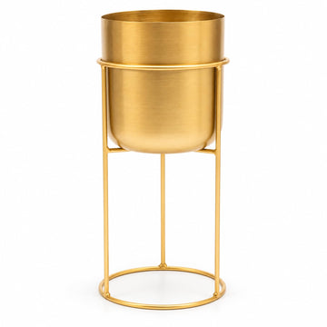 Matt Metal Plant Pot with Gold Plant Stand - Tall 20 Inch Height Large Plant Pot Indoors with Stand - Large