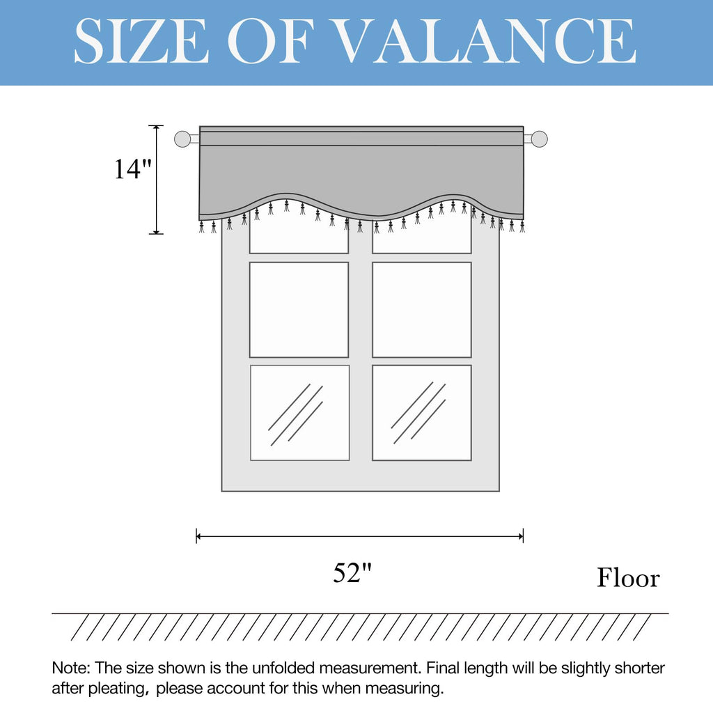 Damask Window Valance with Tassel Trim, Ivory, 52 x 14, 1 Panel