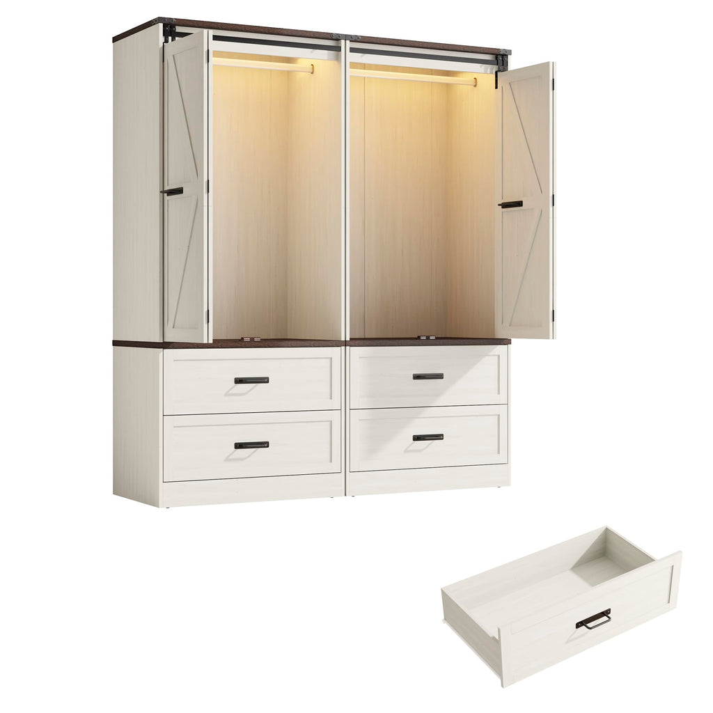 Farmhouse Wardrobe Armoire Closet with 4 Doors and 4 Drawers, Antique White