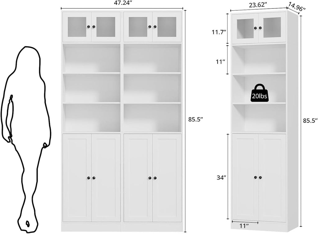 85.5 Inch Tall Bookshelf with Doors - 7 Tier Bookcase with Glass Doors and Drawer, 23.6" Wide Storage Cabinet with