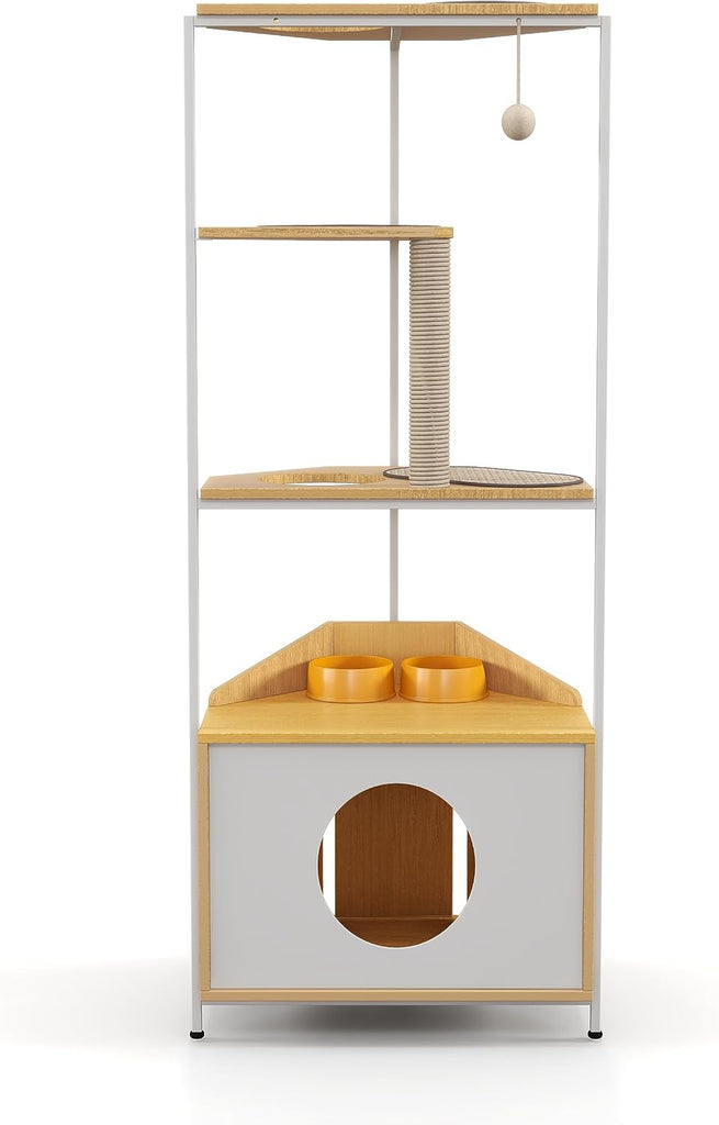 Corner Cat Tree Cat Tower Cat Condo Cat House Furniture, White + Light Oak