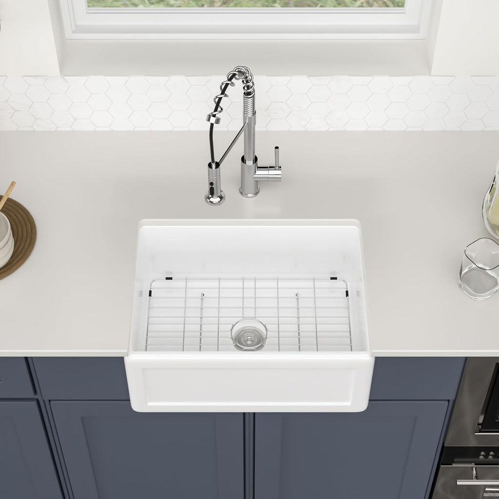 24 Inch White Farmhouse Kitchen Sink Apron Front Farm Sink Undermount Fireclay 24 x 18 x 10 Inch Single Bowl Ceramic