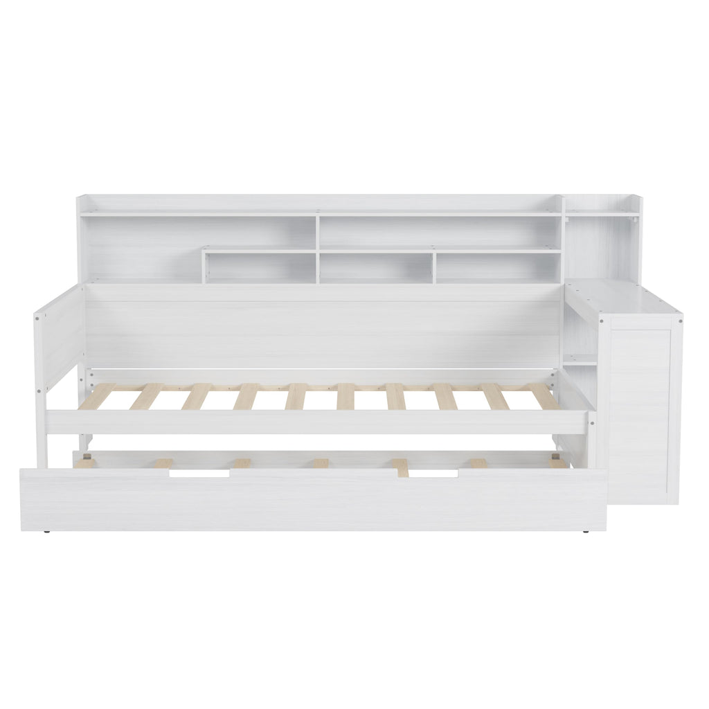 Twin Size Daybed with Trundle, Wooden Multi-Functional Bed with Storage Shelves and Study Desk, White