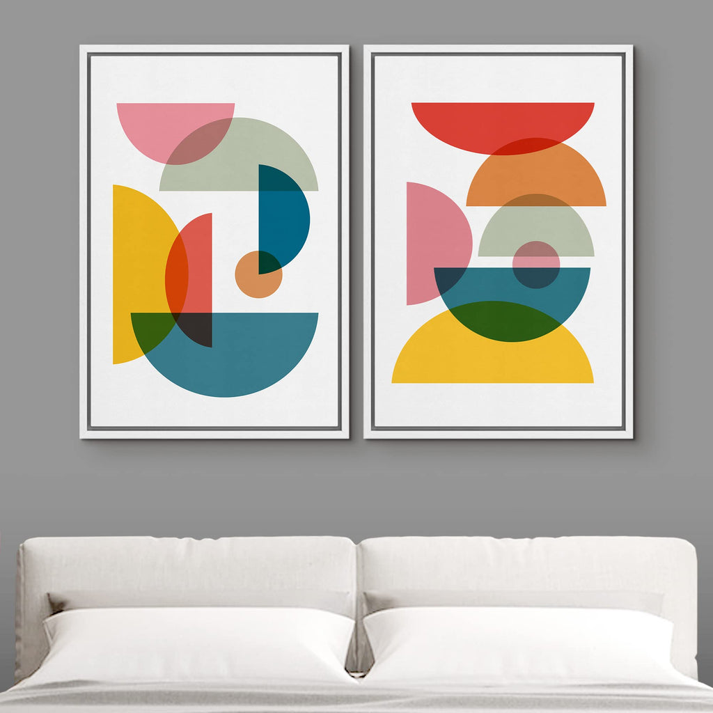 Framed Wall Art Print Set Mid-Century Style Multicolor Semi-Circle Variety Abstract Shapes Illustrations Modern