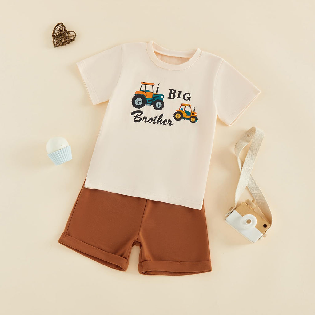 Toddler Boy Summer Clothes Big Brother Shirt Short Sleeve Letter Tractors Print Tops and Shorts Sets Summer Outfits