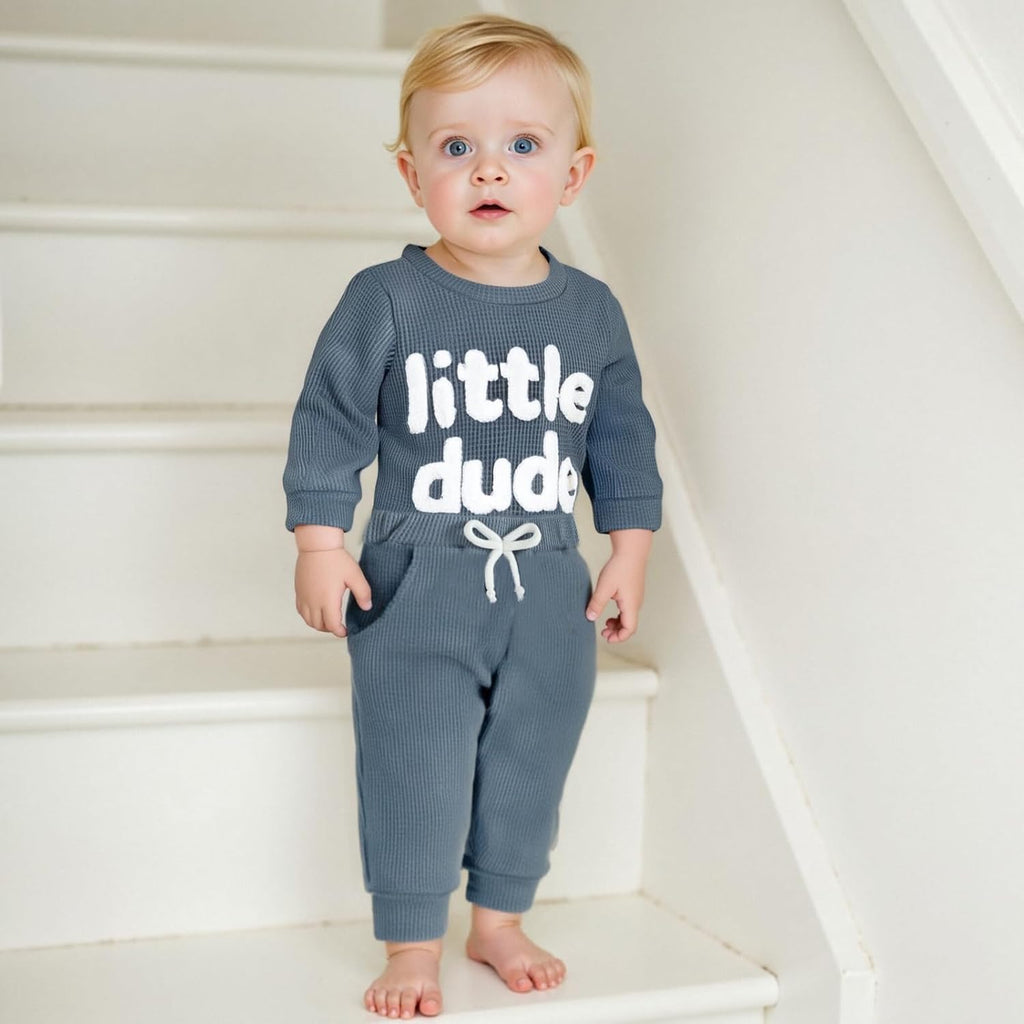 Newborn Baby Boy Clothes Waffle Letter Embroider Long Sleeve Romper Pullover Tops and Pants Sets Fall Winter Outfits