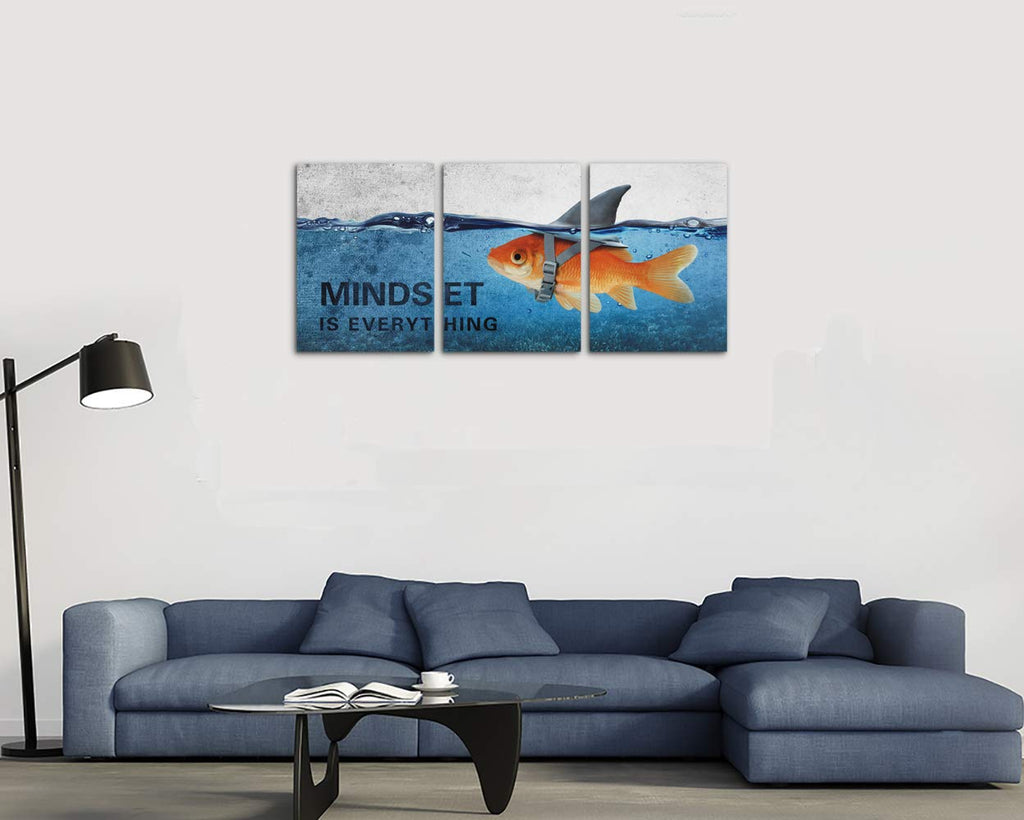 3 Panels Modern Framed Inspirational Canvas Wall Art Goldfish Body Strong Shark Heart Mindset is Everything