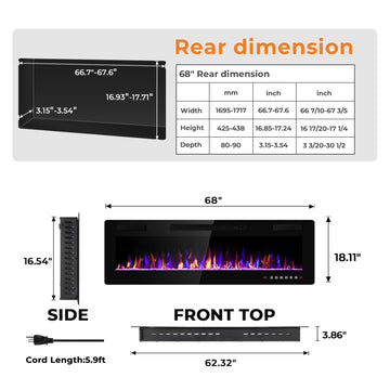 68 Inch Electric Fireplace in-Wall Recessed and Wall Mounted, Fireplace Heater and Linear Fireplace with Multicolor