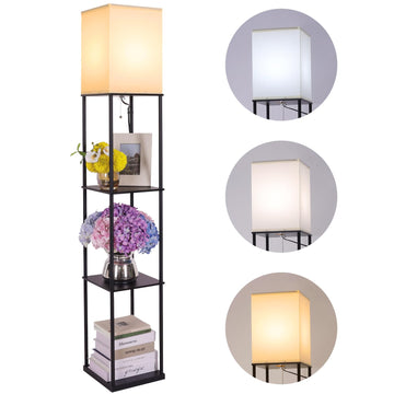 Floor Lamp with Shelves, Modern Square Standing Lamp with 3 Color Temperature Bulb, Corner Display Bookshelf Lamp