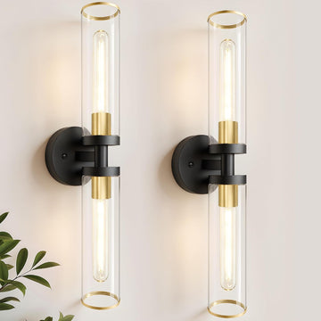 Wall Sconces Set of Two, Black and Gold Bathroom Wall Sconces with Clear Glass,Hardwired Modern Sconces Wall Decor