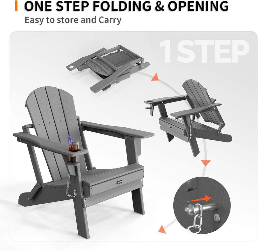 Plastic Adirondack Chairs Set of 2, Folding with Cup Holder, Waterproof HDPE Material, Comfortable 380lb Weight