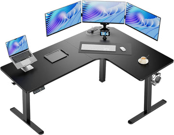 63′′ L-Shaped Standing Desk, Built-in Power Outlets, Black | 3 Memory Presets, Sturdy Steel Frame, 220 lbs Capacity