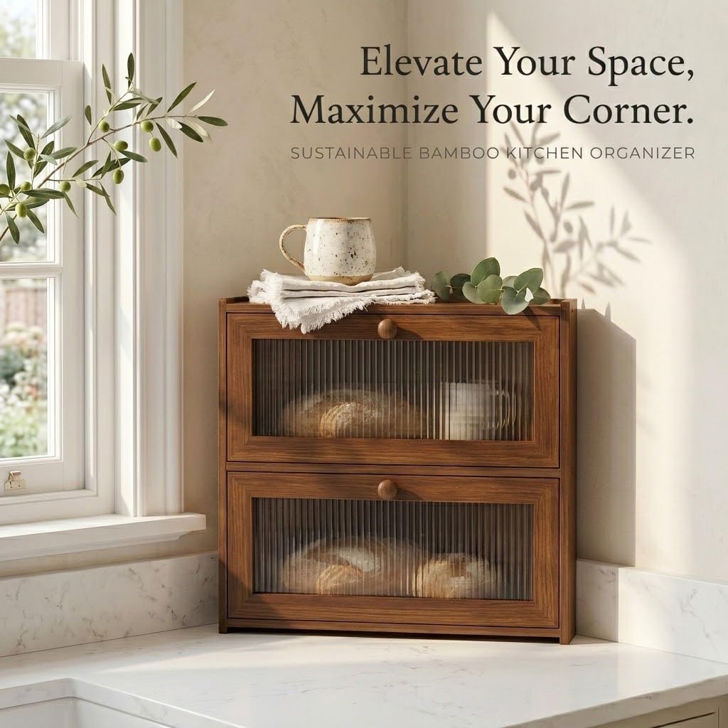 Bread Box - Brown Corner,2 Tier Bamboo Countertop