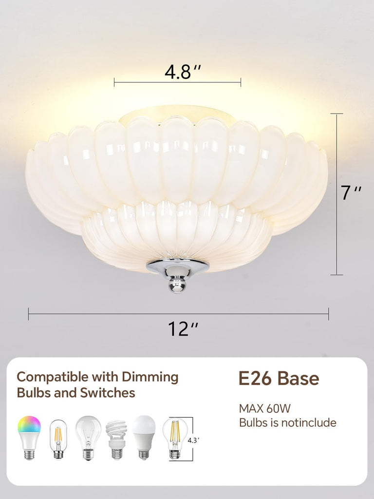 Semi Flush Mount Ceiling Light, Pearl white Glass Ceiling Light Fixture, 3-Bulb Modern Close to Ceiling Light