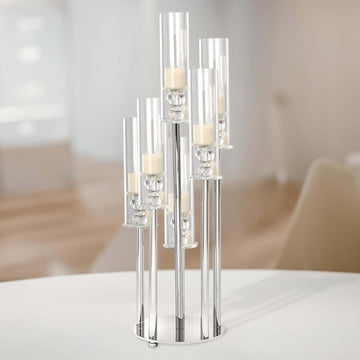 Efavormart 33" Tall - 7 Arms Clear Crystal Cluster Round Candelabra, Pillar Candle Holders with Mirror Base - Perfect