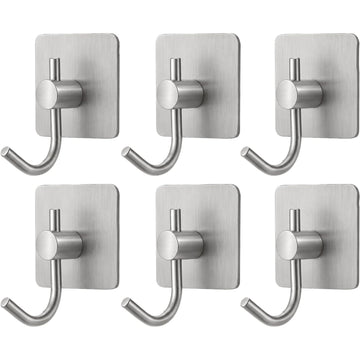 6PACK Adhesive Wall Hooks, Heavy Duty Sticky Holder Waterproof Aluminum Towel Hooks for Hanging Coat, Hat, Towel