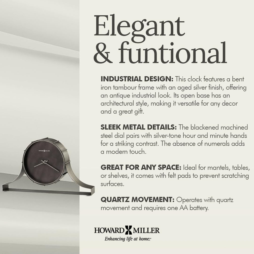 Howard Miller Seeley Mantel Clock - Antique Tabletop Clock with Quartz Movement, Bent Iron Frame, Industrial Style