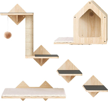 Wood Cat Wall Shelves, Set of 5 Cat Wall Mounted Furniture, Climbing Shelves with House, Steps, Scratching Post