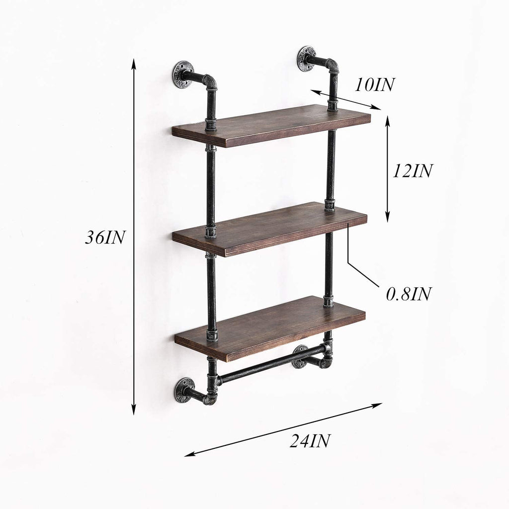 Industrial Pipe Shelving Rustic Bathroom Shelves with Towel Bar, 24" Pipe Shelf Wall Mounted, Farmhouse Bathroom