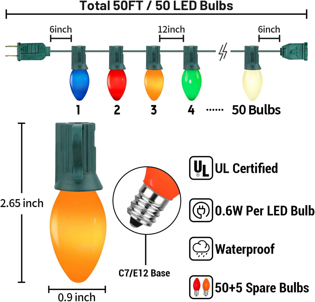 50FT C7 LED Multicolor Christmas Lights, Outdoor String Lights with 55 Multicolor LED Ceramic Bulbs(5 spare), Vintage