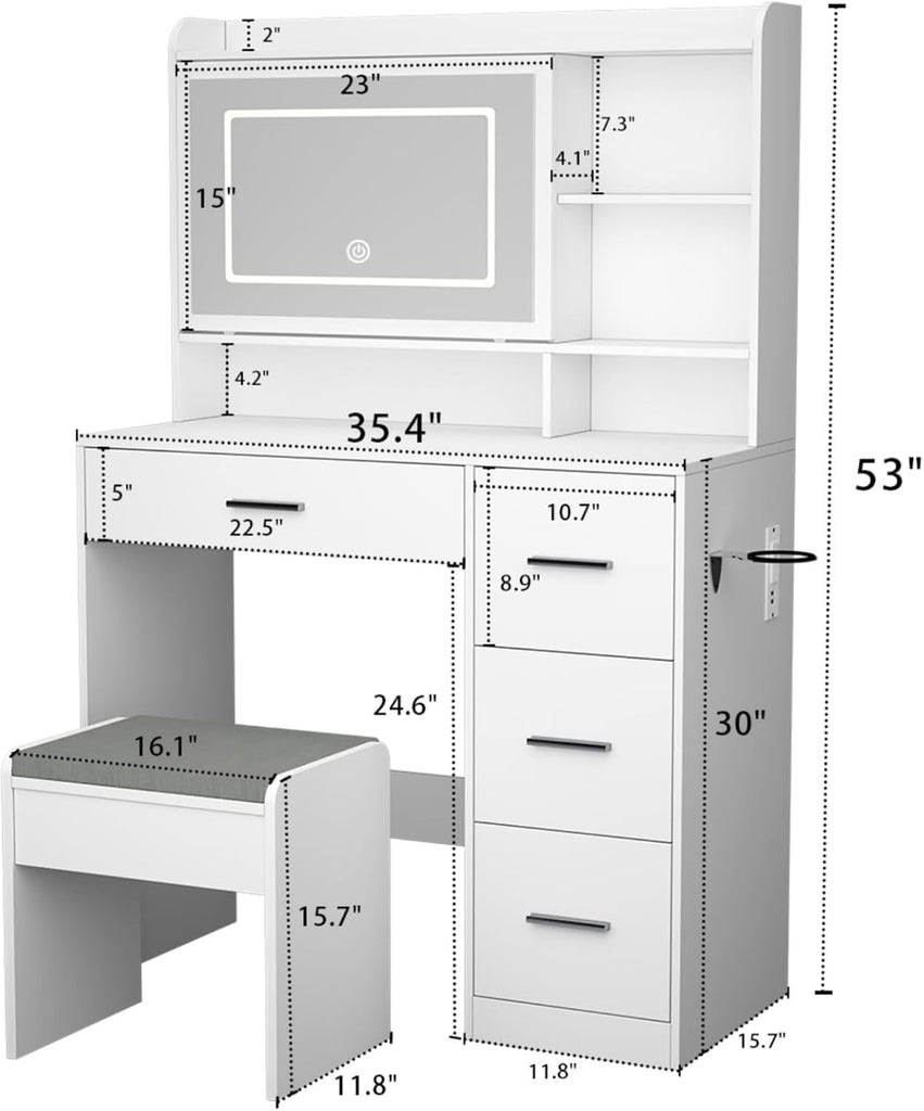 Vanity Desk with a Mirror and Lights,with Chair and Four Drawers, Three Adjustable Lighting Modes,with Power Outlet