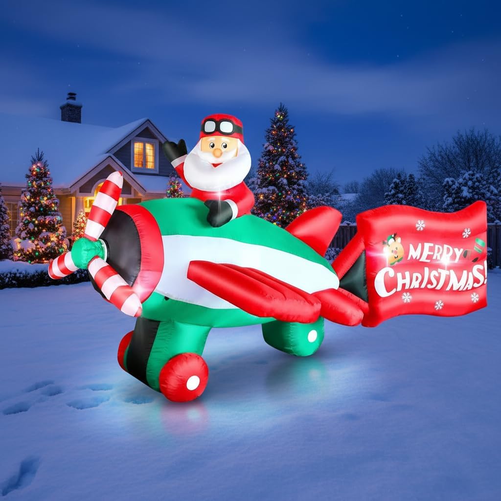 10.5 FT Animated Christmas Inflatables Santa Claus on Airplane, Santa Claus on Helicopter with Merry Christmas
