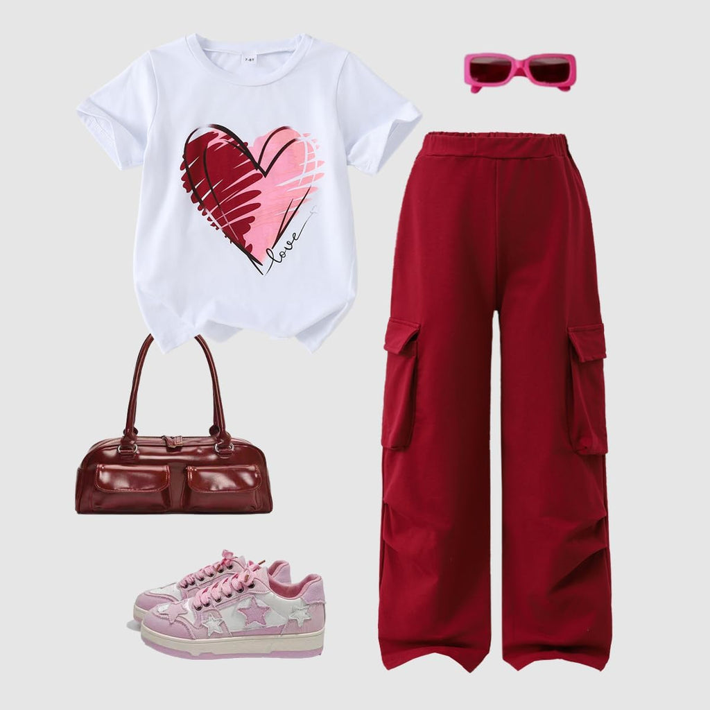 Teen Girls 2 Piece Clothes Short Sleeve Heart Graphic T-Shirt Top + Cargo Pants 2pcs Outfit Set