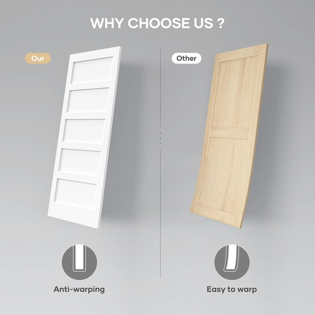 Double 18×84 Inch White Sliding Barn Door Slab with 6.6ft Hardware Kit Included, 5-Panel, MDF Wood P