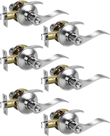 6 Pack Door Knob Interior Privacy Handle for Bed and Bath Wave Style, Polished Chrome Interior Door Handle with Lock
