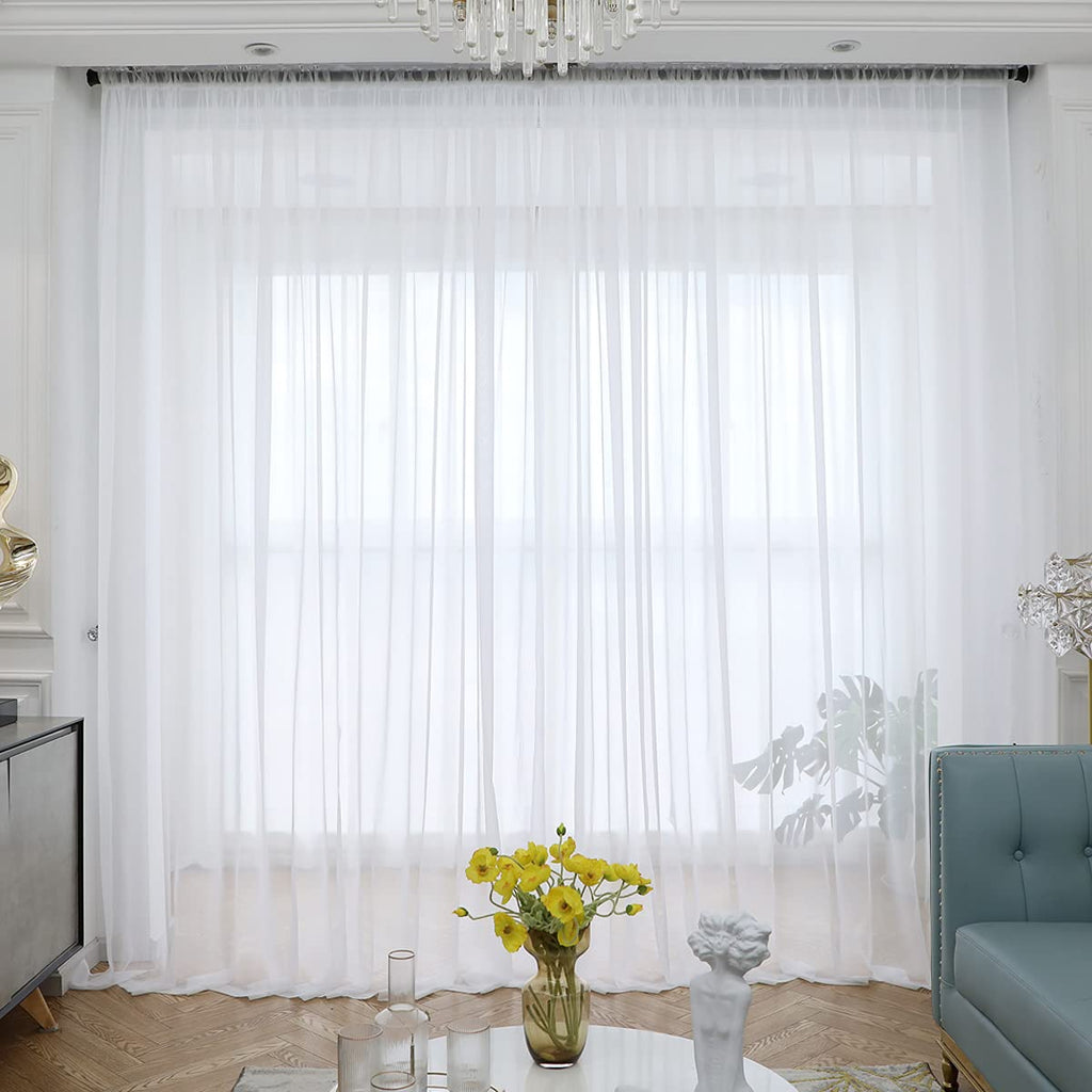 White Sheer Curtains 120 Inches Long 2 Panels, Rod Pocket Voile Semi Sheer Window Curtains (White, 52 W x 120 L)