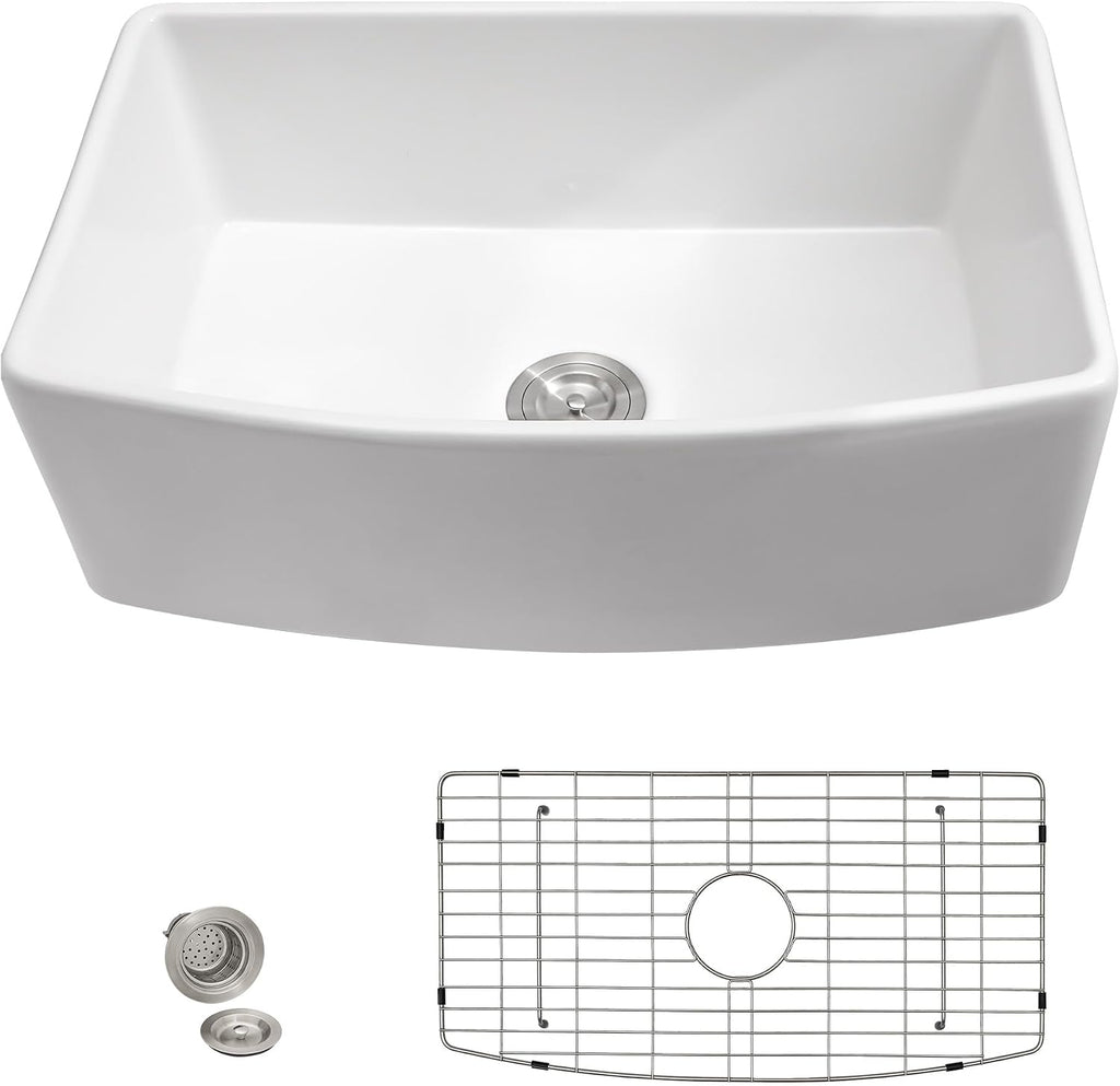 33"x19" White Farmhouse Kitchen Sink - Curved Farm Apron Front White Ceramic Porcelain Fireclay Deep Single Bowl Farm