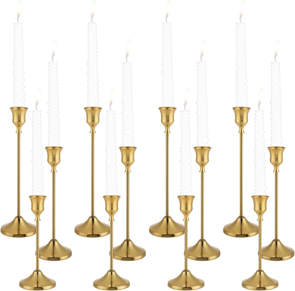 Candlestick Holders 4 Sets(12 Pcs), Brass Gold Candle Holders with Anti-Slip Pad, Metal Taper Candle Holder, Candle