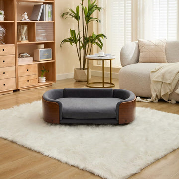 Dog Bed Scandinavian Style, Pet Sofa with Solid Wood Legs & Bent Wood Back, Velvet Cushion Dog Couch with Washable