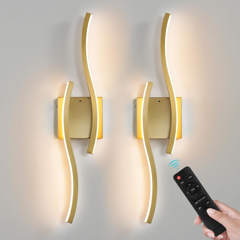 Gold Battery Operated Wall Sconces: 23.6 Inch Rechargeable Wall Sconce Set of 2 with Remote Control/3 Colors/10-100%