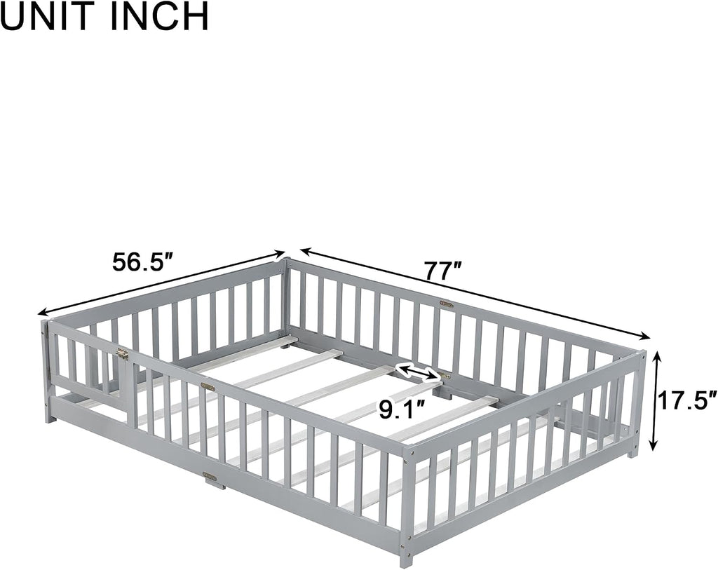 Floor Bed Frame with Fence & Slats, Rubber Wood Montessori Floor Bed with Safety Guardrails &