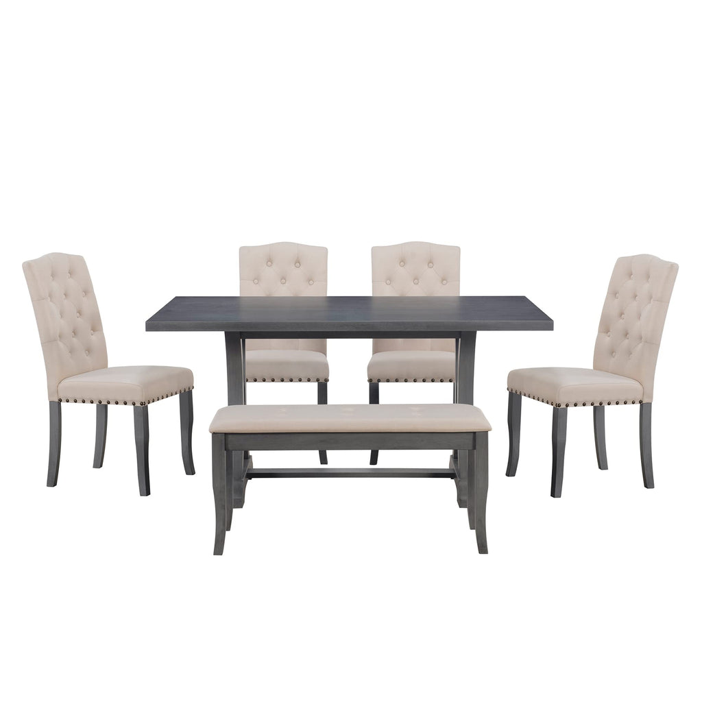 6-Piece Dining Table Set with Bench for 6 Rectangular Kitchen Table Set with 4 Chairs Retro Dining Room Table and
