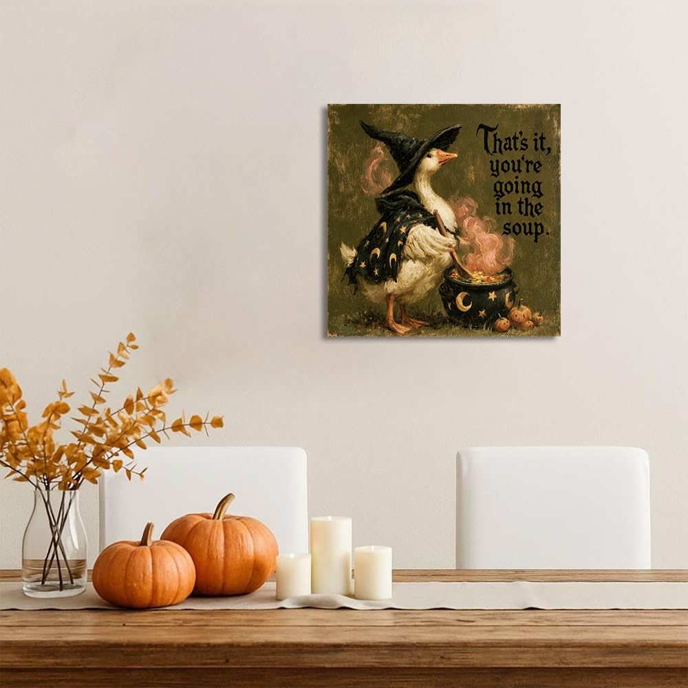Vintage Witch Goose Wall Art- Funny Halloween Gothic Sign Canvas Pictures with Cauldron and Pumpkins Dining Room