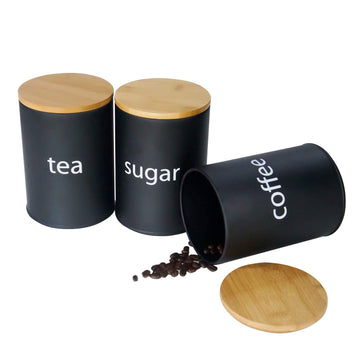 Metal Food Storage Jar Farmhouse Coffee Canisters with Bamboo Lids, Black Kitchen Canisters Set of 3 Decorative